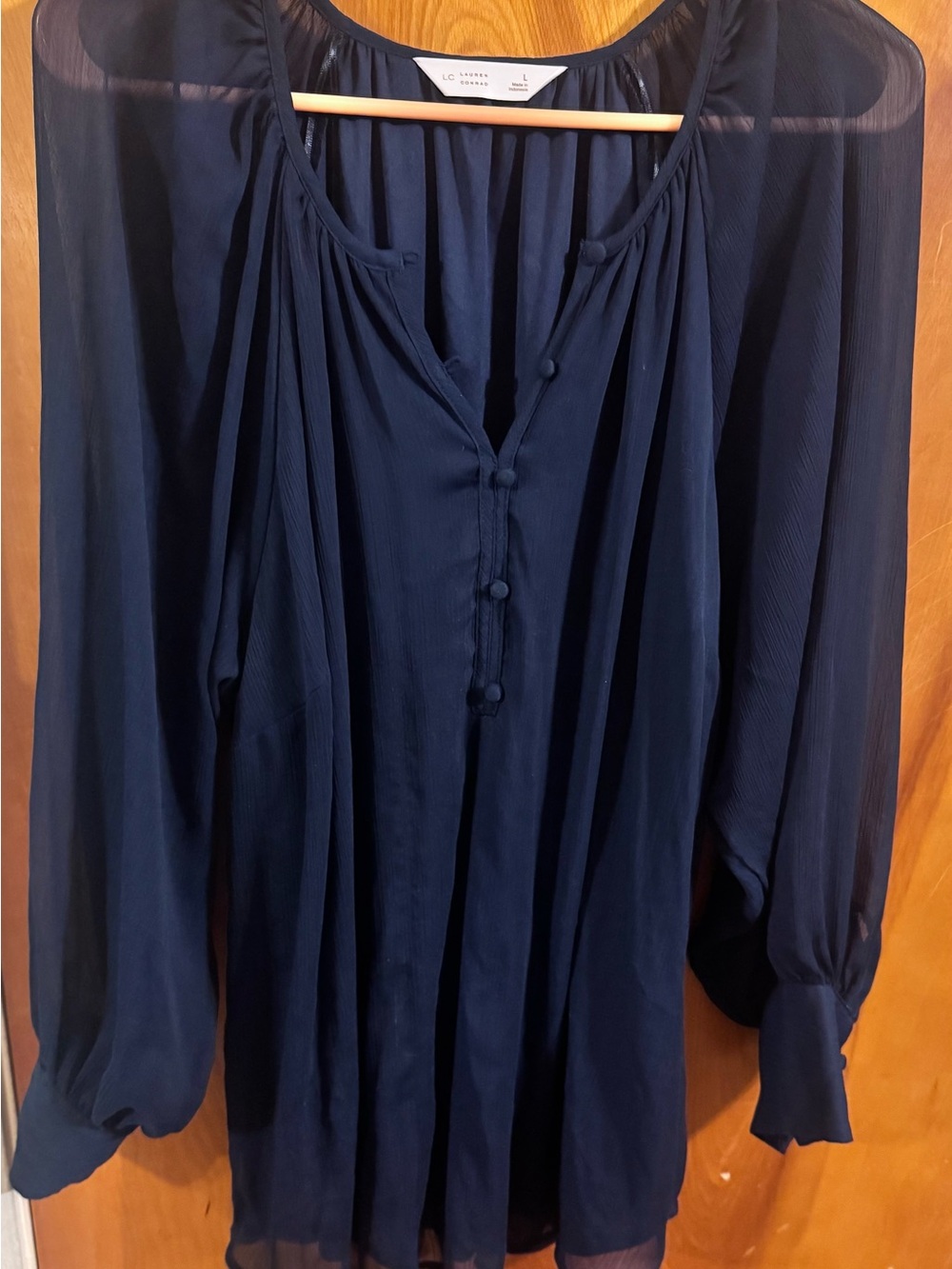 LC Lauren Conrad Navy Blue Chiffon Pintuck Blouse